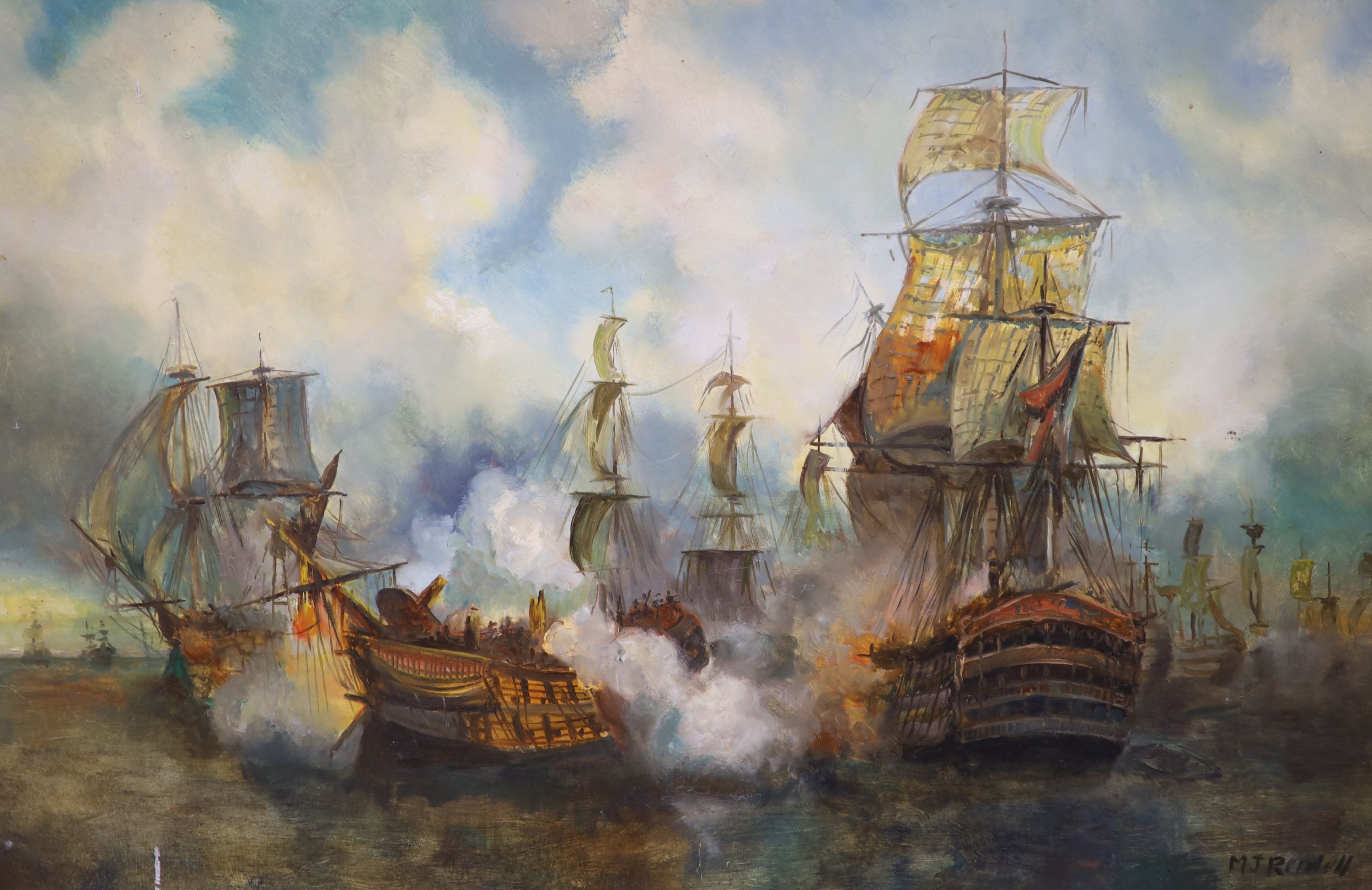 M.J. Rendell, two oils on board, Sunset over Greenwich and Naval action, signed, both 46 x 72cm, frames differ